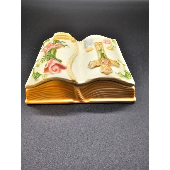 Vintage Ceramic Bible Trinket Box Praying Children Cross Rose Religious Keepsake - Picture 4 of 4